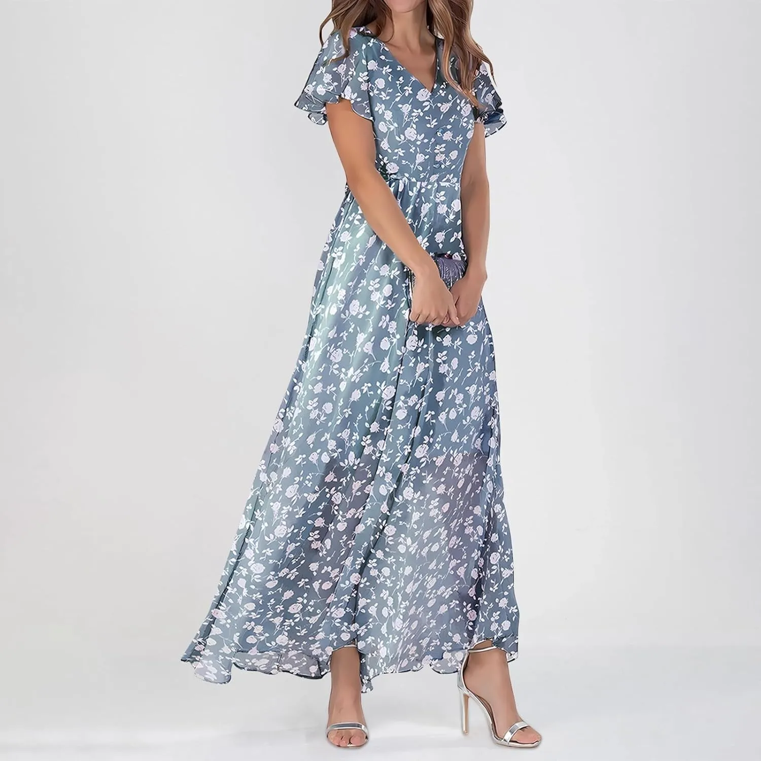 Floral Maxi Dresses for Women 2024 Casual Short Ruffle Sleeve V Neck Boho Dress Ruffle Hem Flowy Dress