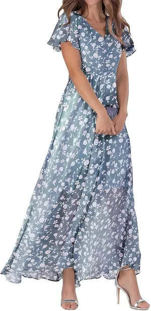 Floral Maxi Dresses for Women 2024 Casual Short Ruffle Sleeve V Neck Boho Dress Ruffle Hem Flowy Dress