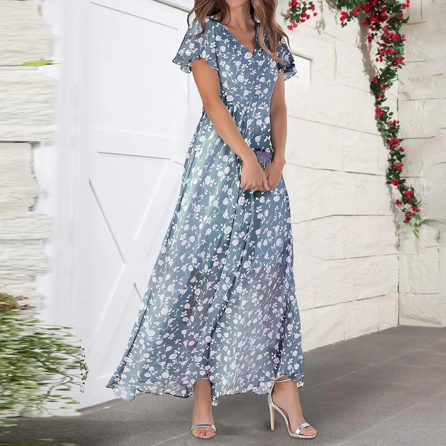 Floral Maxi Dresses for Women 2024 Casual Short Ruffle Sleeve V Neck Boho Dress Ruffle Hem Flowy Dress