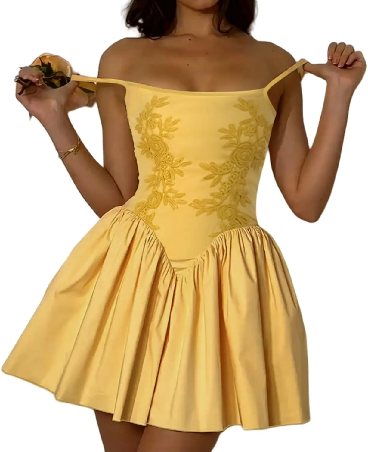 Floral Mini Dress Women Summer Spaghetti Strap Solid Color Embroidery Ruffle Dress
