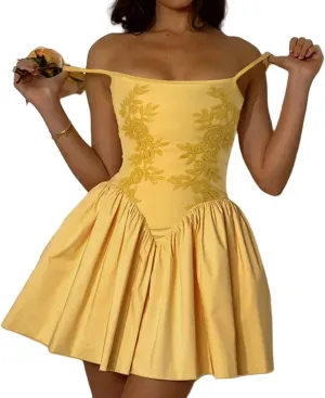 Floral Mini Dress Women Summer Spaghetti Strap Solid Color Embroidery Ruffle Dress