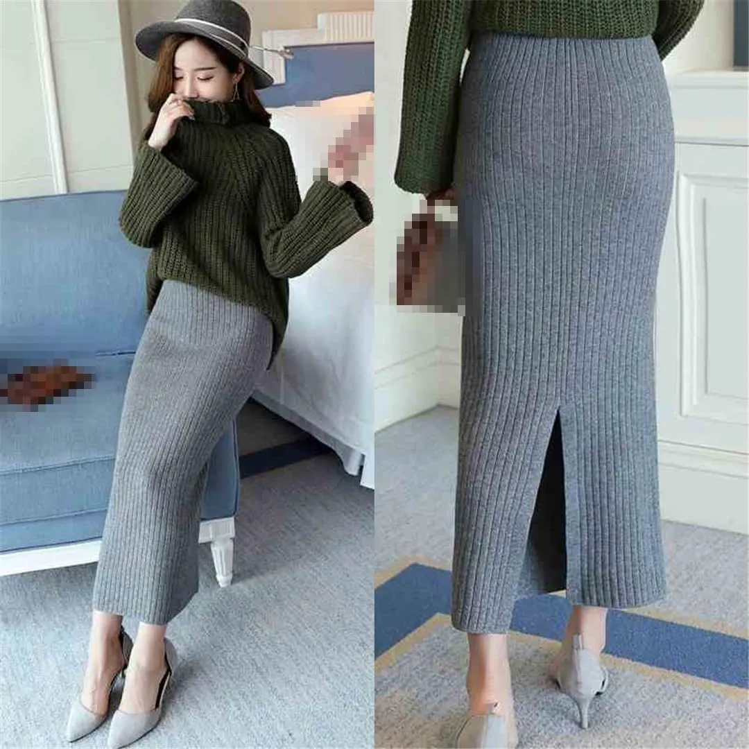 Fnfmrfmr Women Woolen Skirts Long Knitted Slim Office Autumn Winter Pencil Skirt