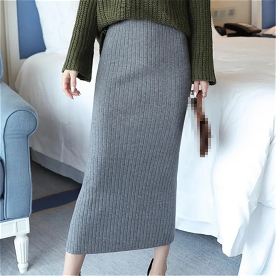 Fnfmrfmr Women Woolen Skirts Long Knitted Slim Office Autumn Winter Pencil Skirt