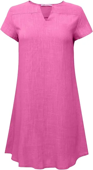 FZYLQY Casual Womens Tunic Dresses Short Sleeve Linen V Neck Loose Fit Comfy Mini Dress Trendy Summer Beach Sundresses