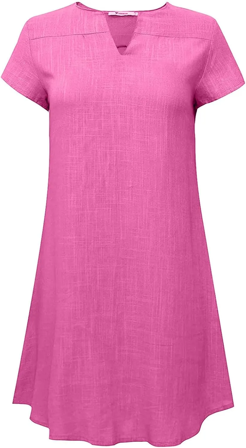FZYLQY Casual Womens Tunic Dresses Short Sleeve Linen V Neck Loose Fit Comfy Mini Dress Trendy Summer Beach Sundresses