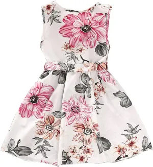 Girls 4 to 7 Years Old Floral Print Ruffle V Neck Sleeveless Dress Round Neck Mini Dress Girls 7 (White, 5-6 Years)