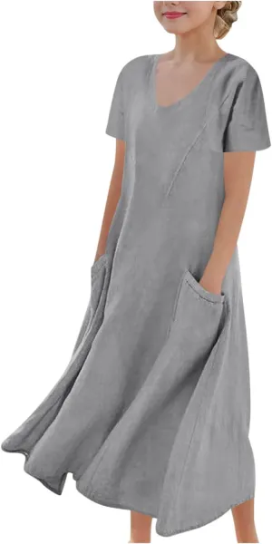 Girls Summer Linen Dress Casual Sleeveless Scoop Neck Elegant Flowy Maxi Dress Plus Size Loose Comfy Beach Sundress