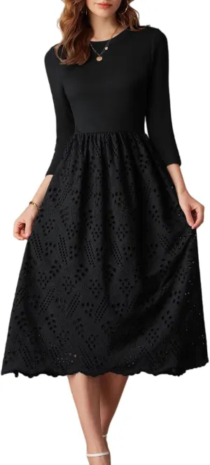 GRACE KARIN Womens Summer 3/4 Sleeve Dress with Pockets A Line Midi Eyelet Dress Empire Waist Casual Fall Flowy Dress