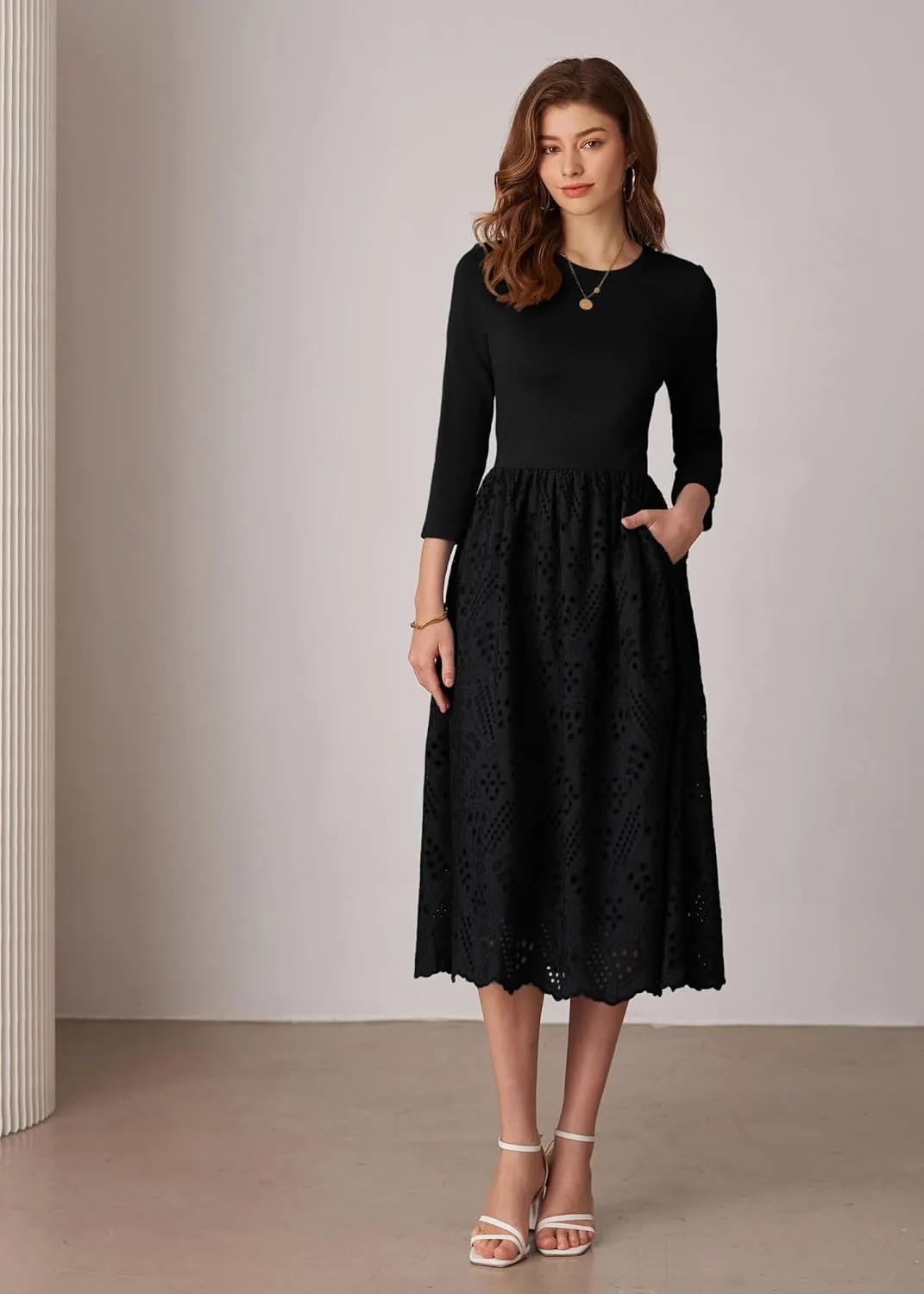 GRACE KARIN Womens Summer 3/4 Sleeve Dress with Pockets A Line Midi Eyelet Dress Empire Waist Casual Fall Flowy Dress
