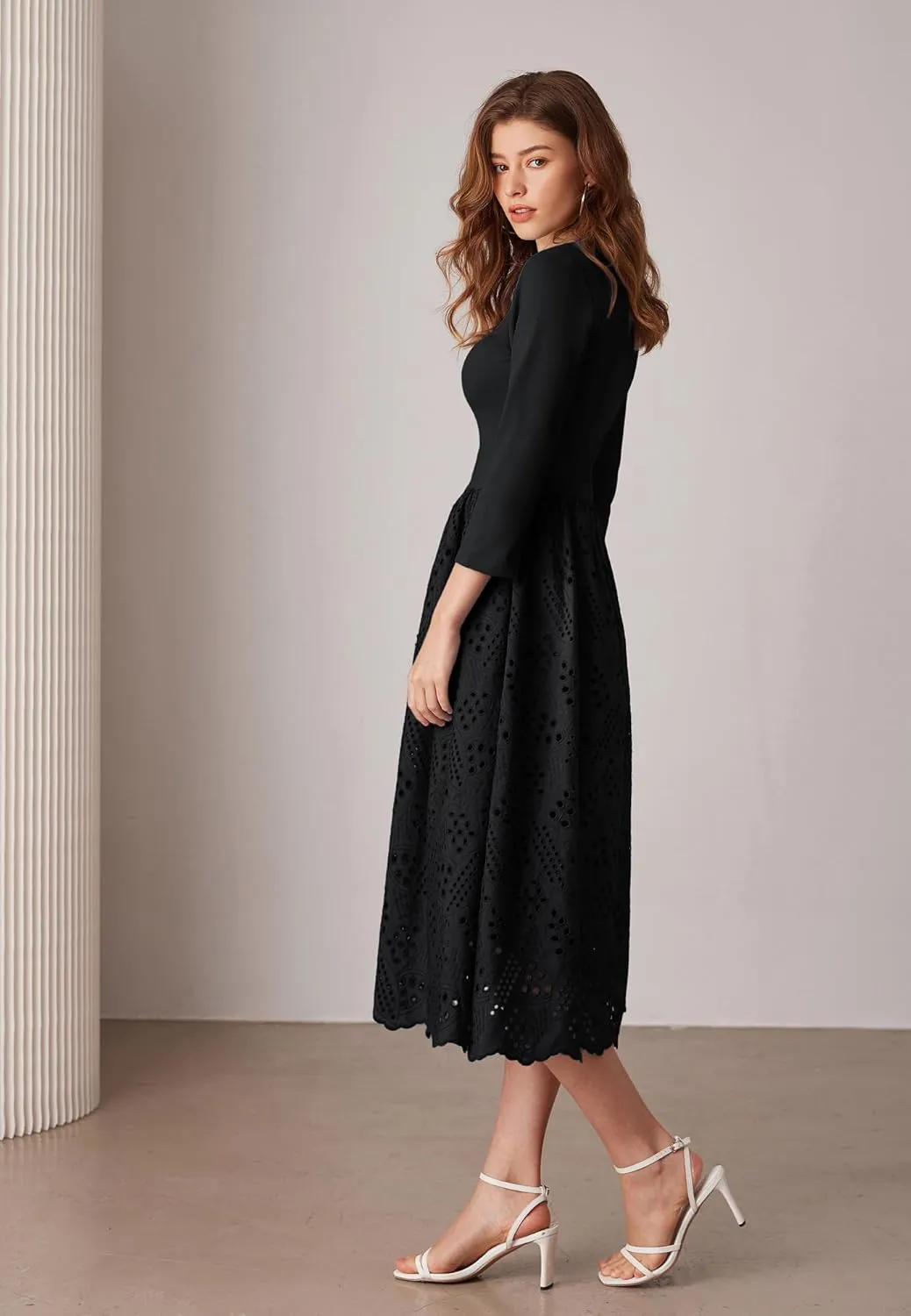 GRACE KARIN Womens Summer 3/4 Sleeve Dress with Pockets A Line Midi Eyelet Dress Empire Waist Casual Fall Flowy Dress
