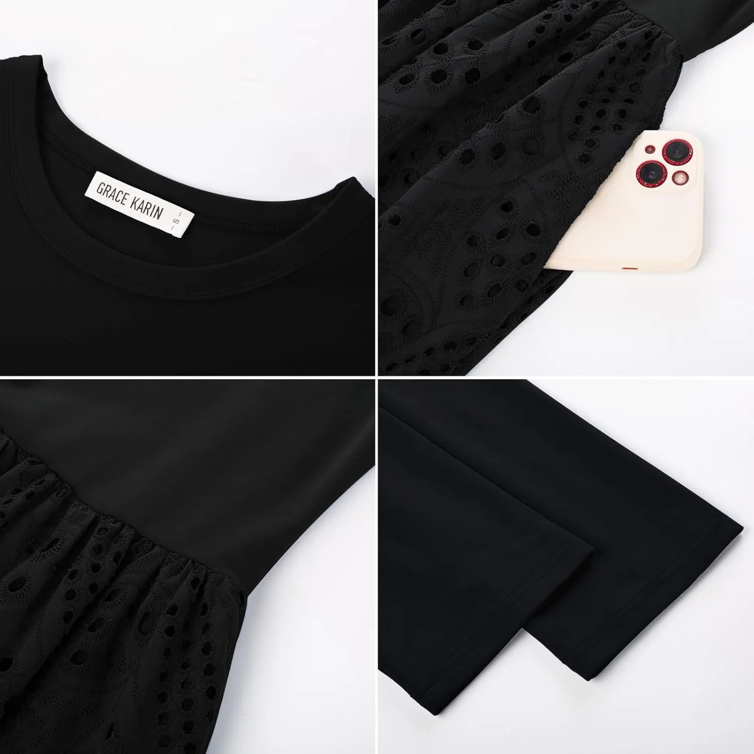 GRACE KARIN Womens Summer 3/4 Sleeve Dress with Pockets A Line Midi Eyelet Dress Empire Waist Casual Fall Flowy Dress