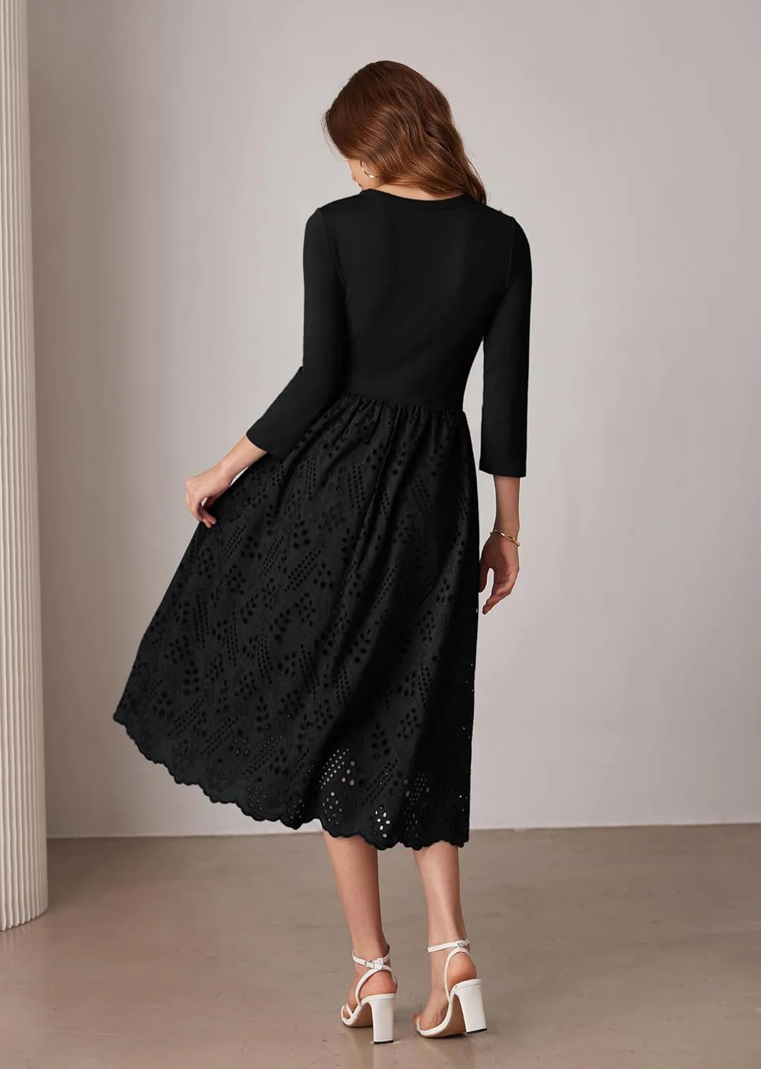 GRACE KARIN Womens Summer 3/4 Sleeve Dress with Pockets A Line Midi Eyelet Dress Empire Waist Casual Fall Flowy Dress