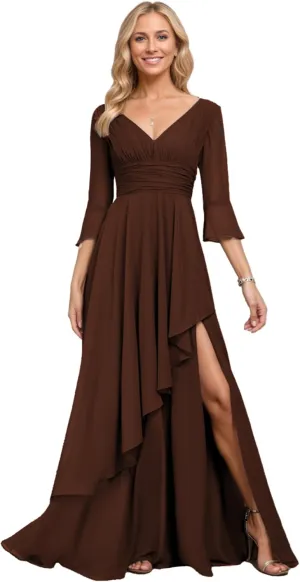 Half Sleeve Mother of The Bride Dresses for Women Long Chiffon Ruffles Elegant Formal Evening Gown with Slit