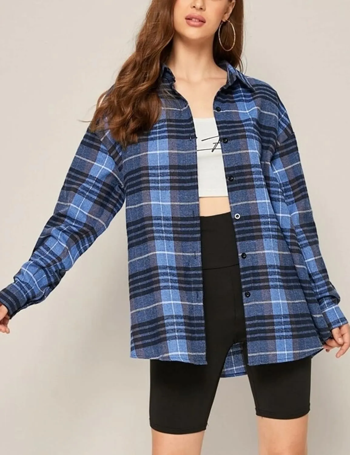 HangNiFang Womens Flannel Plaid Shirts Oversized Button Down Shirts Blouse Tops