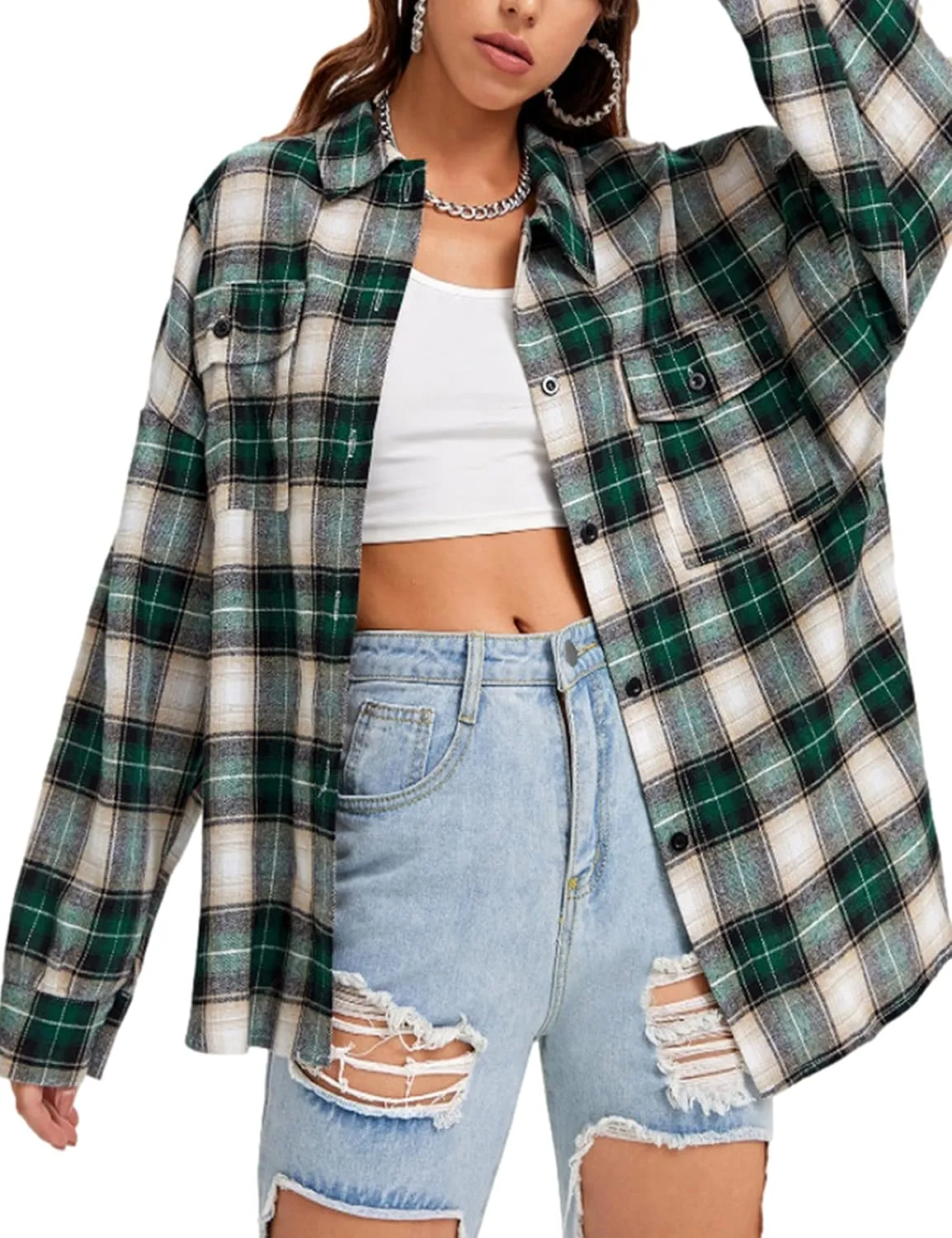 HangNiFang Womens Flannel Plaid Shirts Oversized Button Down Shirts Blouse Tops