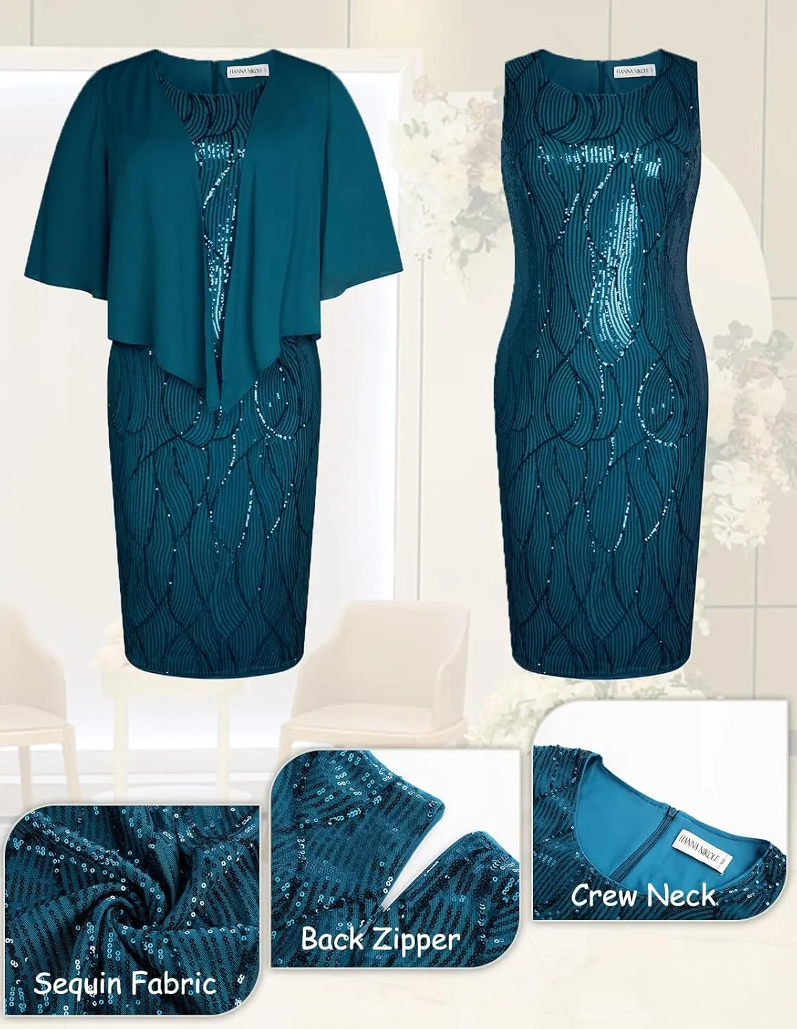 Hanna Nikole Womens Plus Size Sequin Party Dress 2 Piece Cocktail Formal Dress with Jacket Mother of The Bride Dress Sets