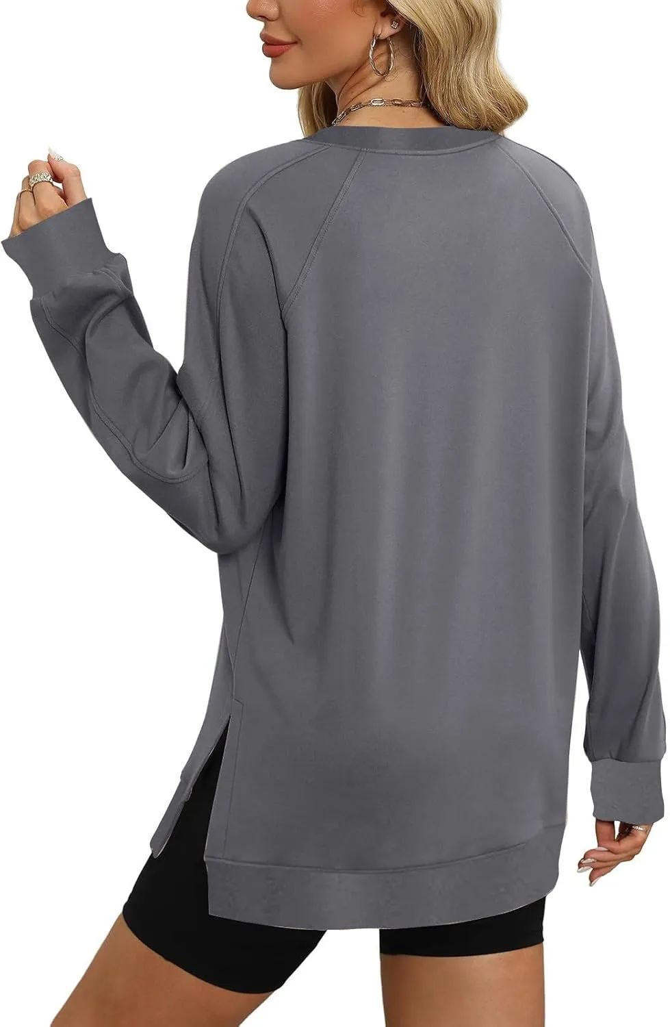 Heevina Side Slit Sweatshirt Oversized Sweatshirt For Women Solid Color Crewneck Long Sleeve Loose Tops Comfy