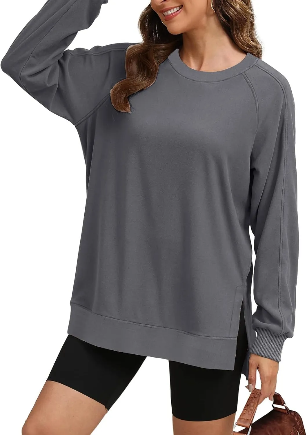Heevina Side Slit Sweatshirt Oversized Sweatshirt For Women Solid Color Crewneck Long Sleeve Loose Tops Comfy
