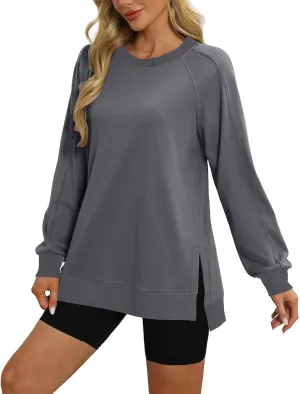 Heevina Side Slit Sweatshirt Oversized Sweatshirt For Women Solid Color Crewneck Long Sleeve Loose Tops Comfy