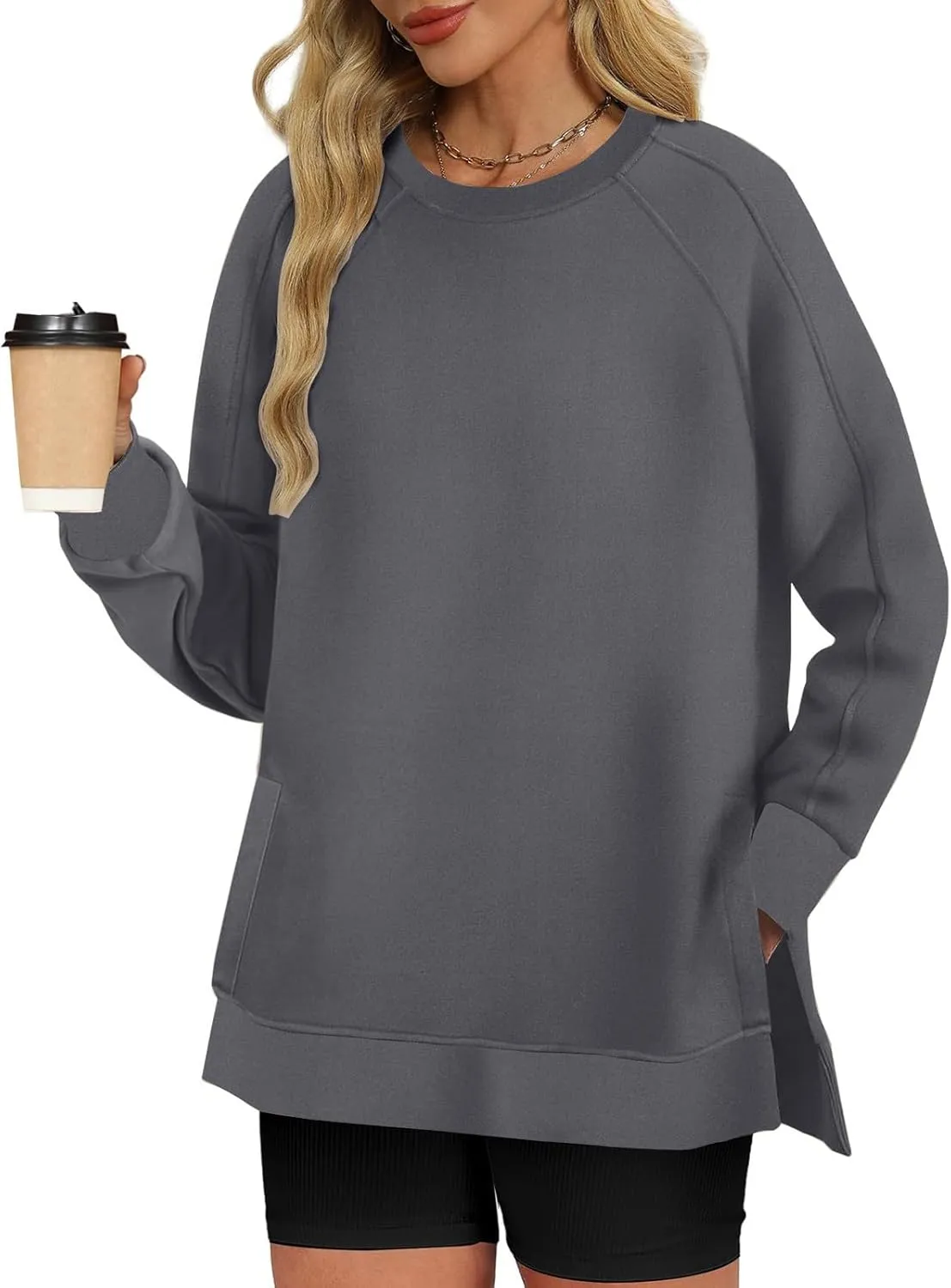 Heevina Side Slit Sweatshirt Oversized Sweatshirt For Women Solid Color Crewneck Long Sleeve Loose Tops Comfy