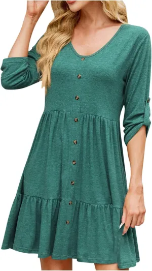 HGps8w 3/4 Sleeve Dress for Women Summer Loose Button Front Crewneck A-Line Ruffle Tiered Casual Mini Dresses