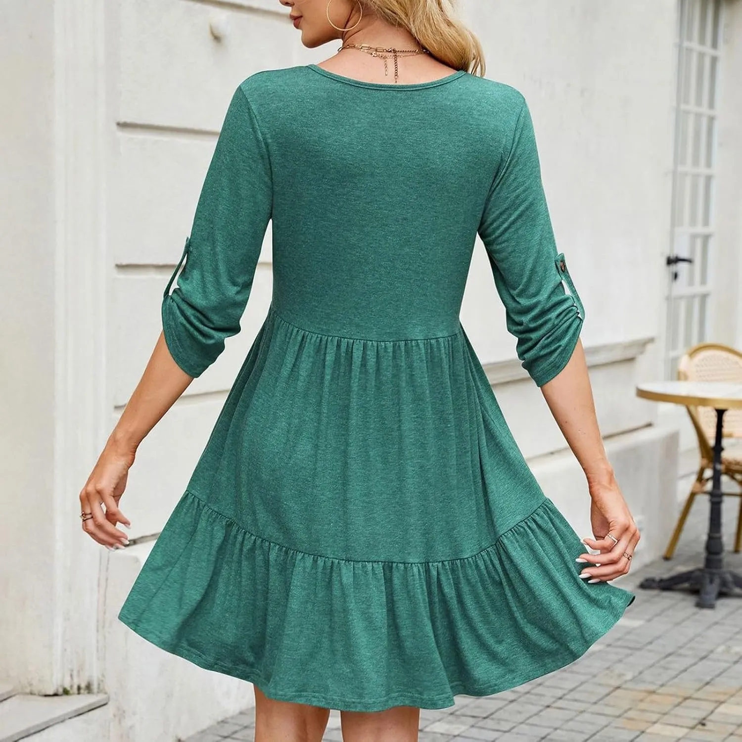 HGps8w 3/4 Sleeve Dress for Women Summer Loose Button Front Crewneck A-Line Ruffle Tiered Casual Mini Dresses