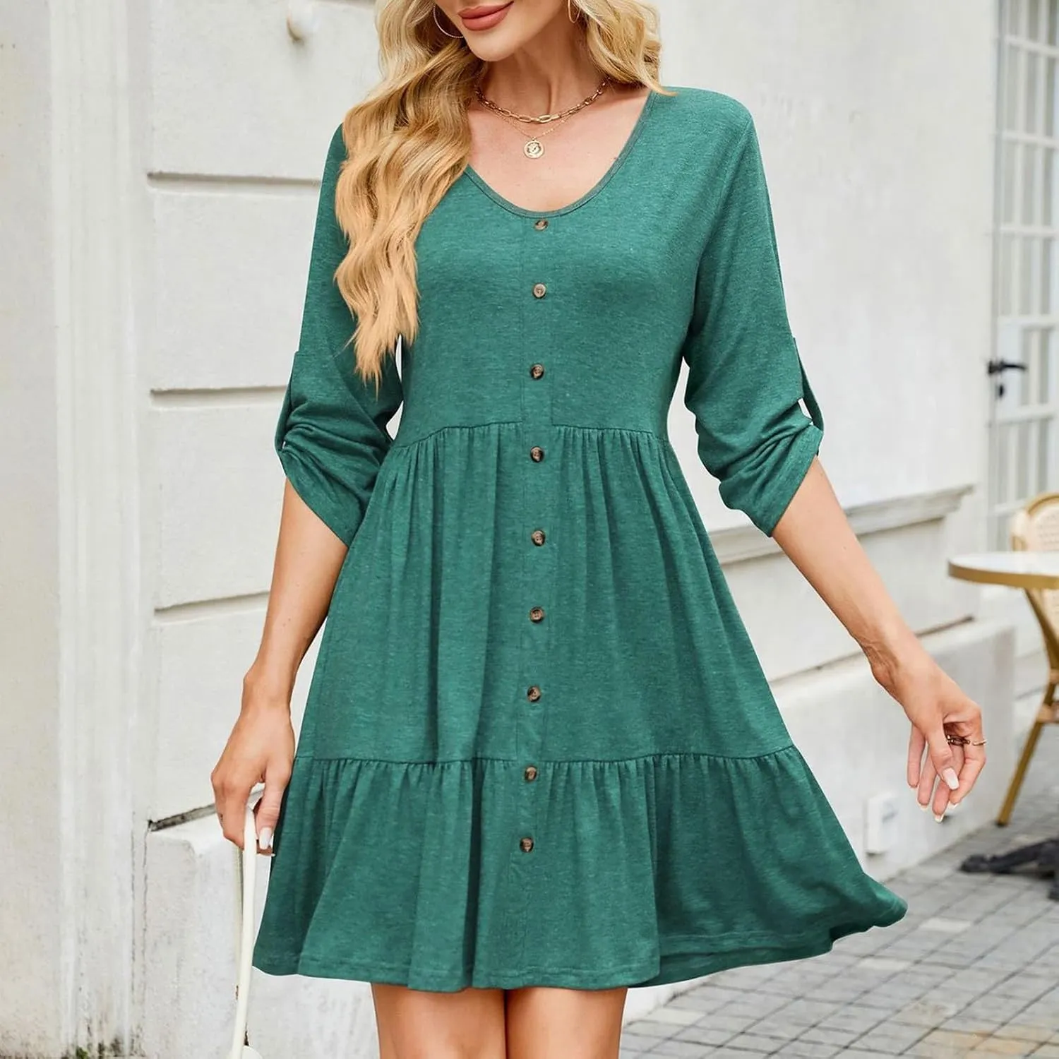 HGps8w 3/4 Sleeve Dress for Women Summer Loose Button Front Crewneck A-Line Ruffle Tiered Casual Mini Dresses