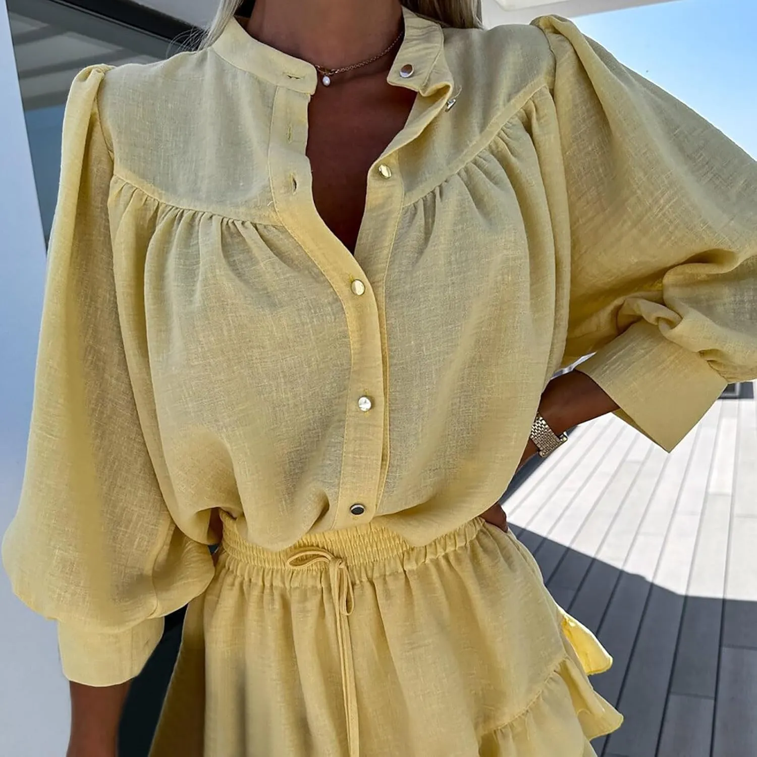 HGps8w Women's 2 Piece Outfits Loose Longsleeve Button Down Shirt & Layered Ruffle Mini Skirt Casual Vacation Dress