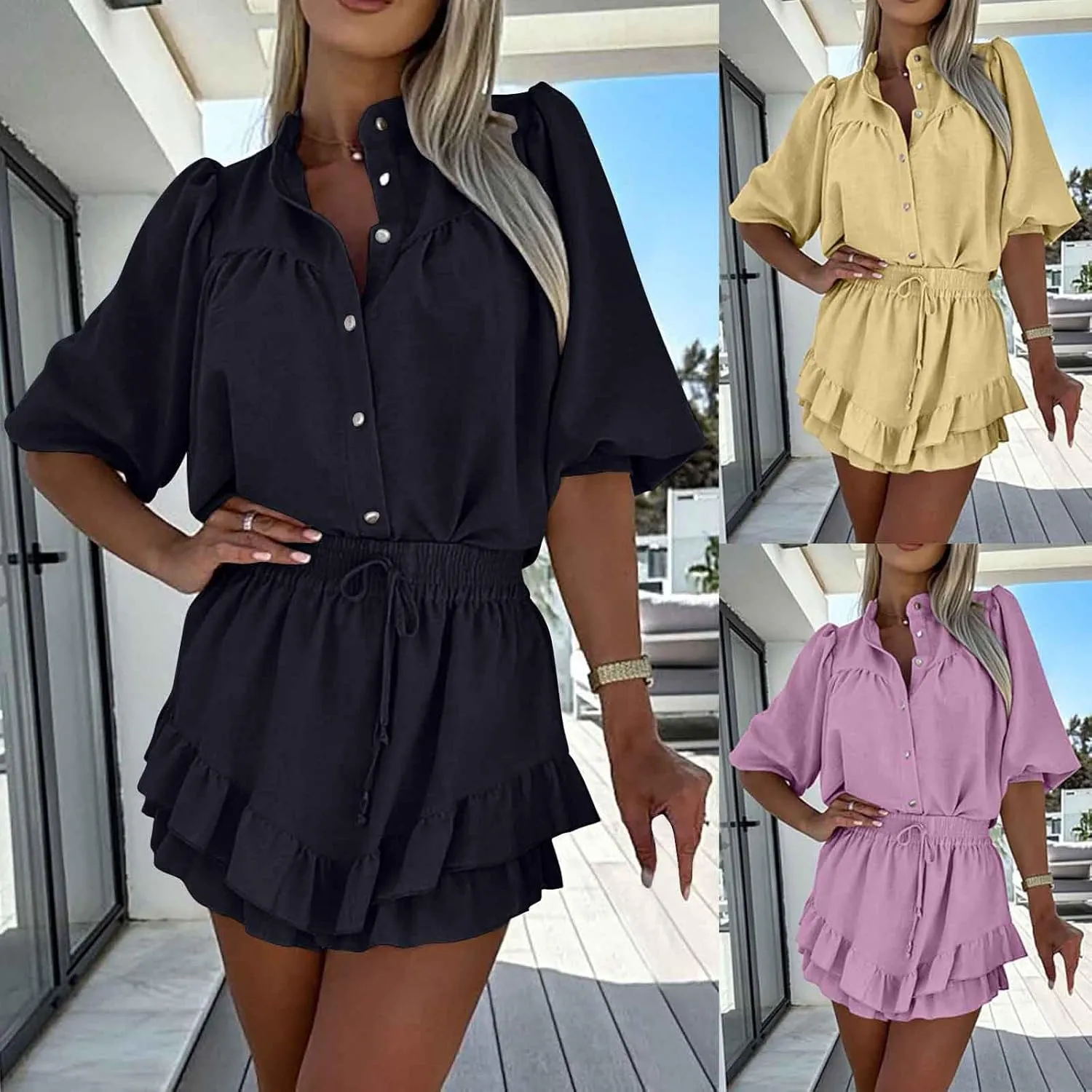 HGps8w Women's 2 Piece Outfits Loose Longsleeve Button Down Shirt & Layered Ruffle Mini Skirt Casual Vacation Dress