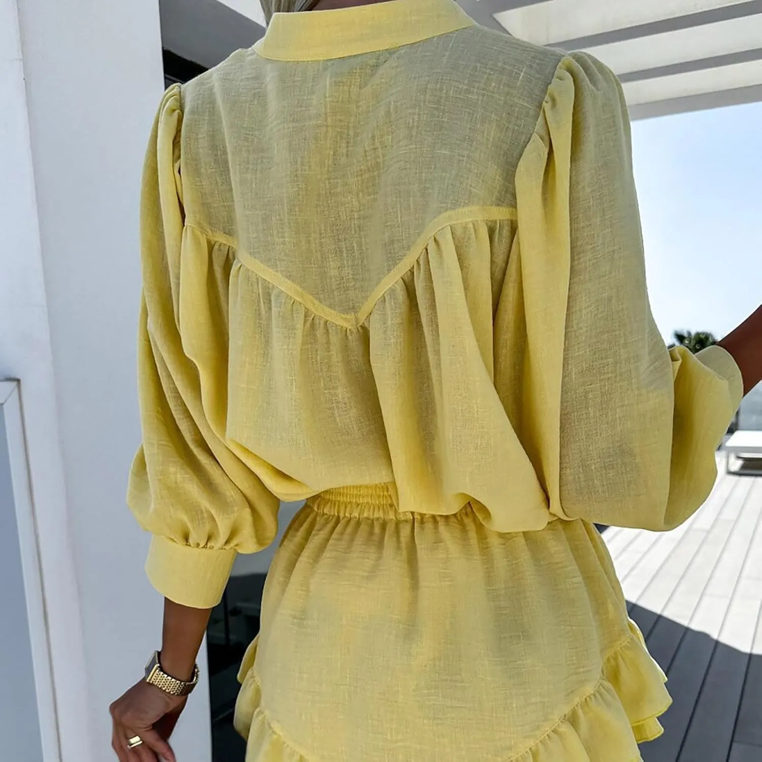 HGps8w Women's 2 Piece Outfits Loose Longsleeve Button Down Shirt & Layered Ruffle Mini Skirt Casual Vacation Dress