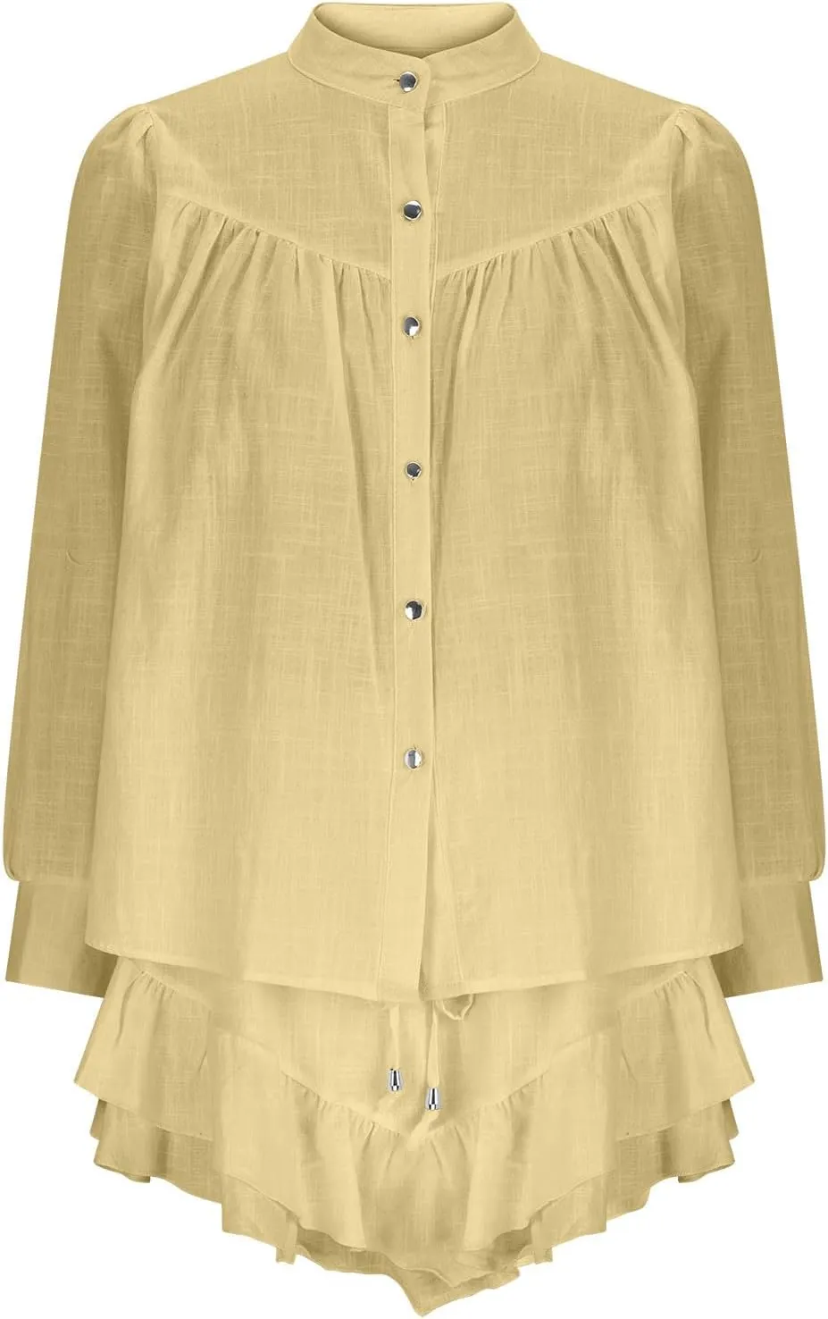 HGps8w Women's 2 Piece Outfits Loose Longsleeve Button Down Shirt & Layered Ruffle Mini Skirt Casual Vacation Dress