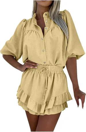 HGps8w Women's 2 Piece Outfits Loose Longsleeve Button Down Shirt & Layered Ruffle Mini Skirt Casual Vacation Dress