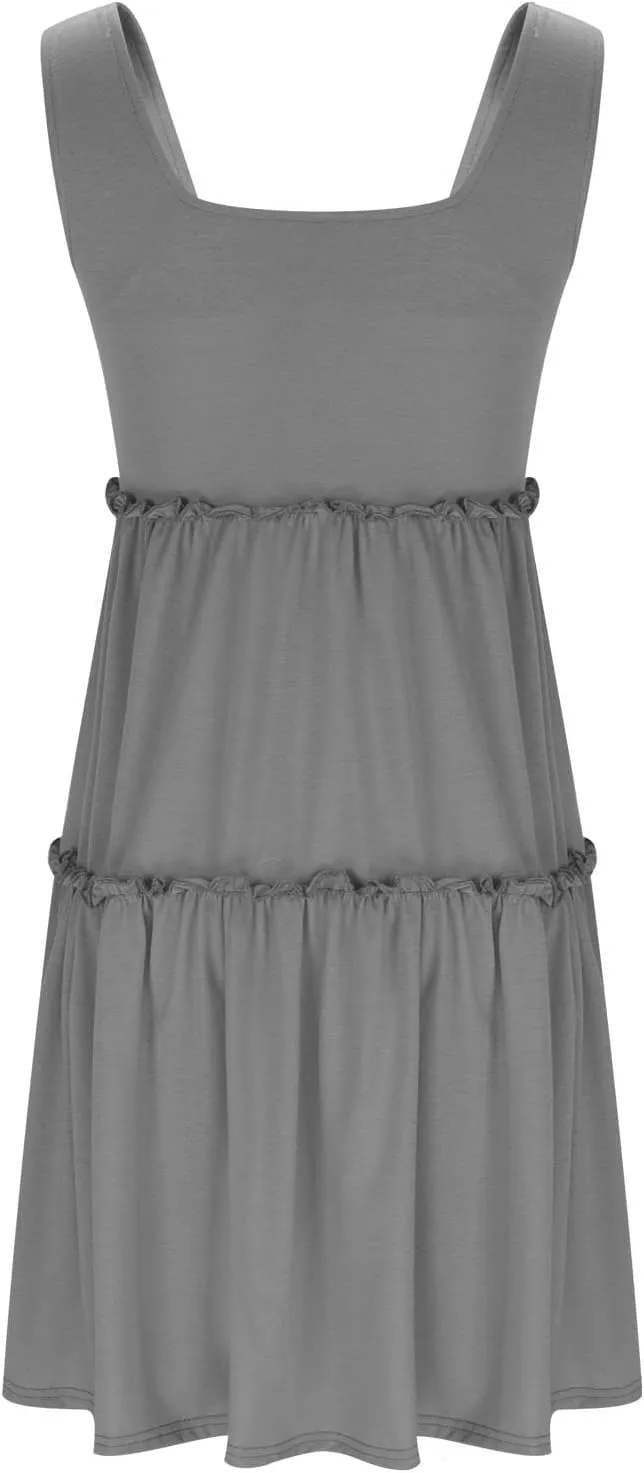 HGps8w Womens 2025 Summer Square Neck Tank Dresses, A-Line Casual Sleeveless Ruffle Tiered Loose Swing Mini Dress