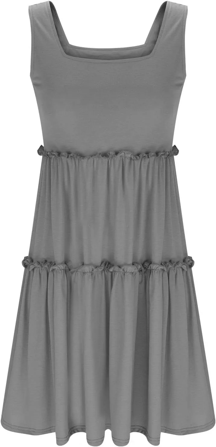 HGps8w Womens 2025 Summer Square Neck Tank Dresses, A-Line Casual Sleeveless Ruffle Tiered Loose Swing Mini Dress
