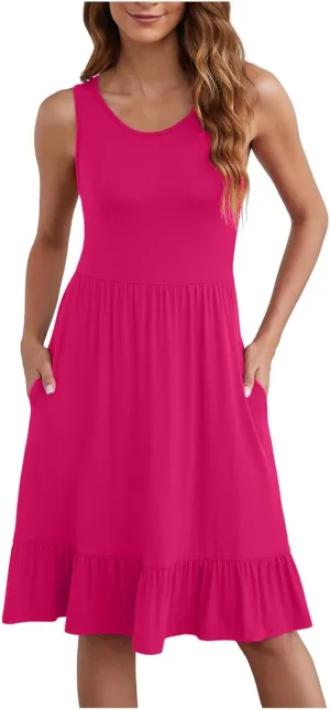 HGps8w Women's Beach Sundress Casual 2025 Summer Sleeveless Loose Tiered Ruffle Hem A Line Mini Dresses with Pockets