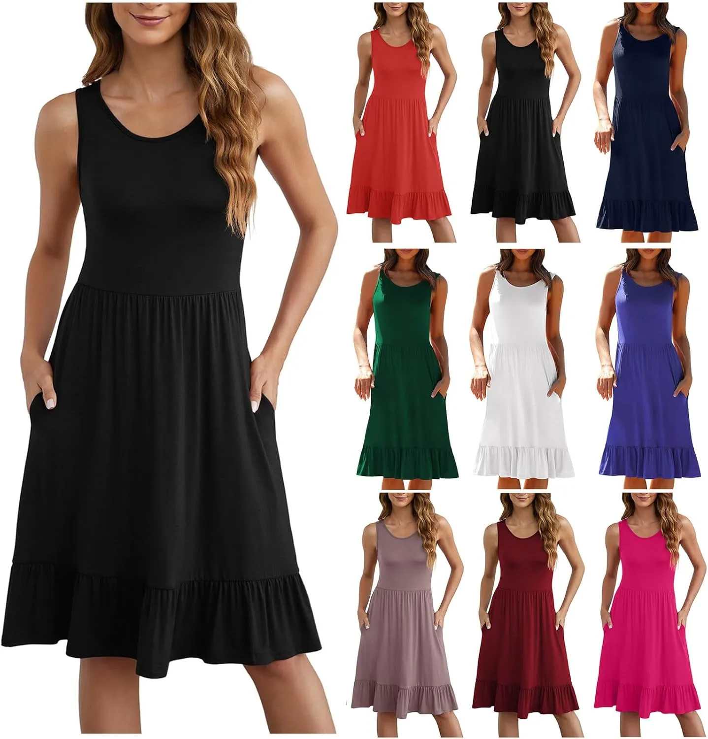 HGps8w Women's Beach Sundress Casual 2025 Summer Sleeveless Loose Tiered Ruffle Hem A Line Mini Dresses with Pockets