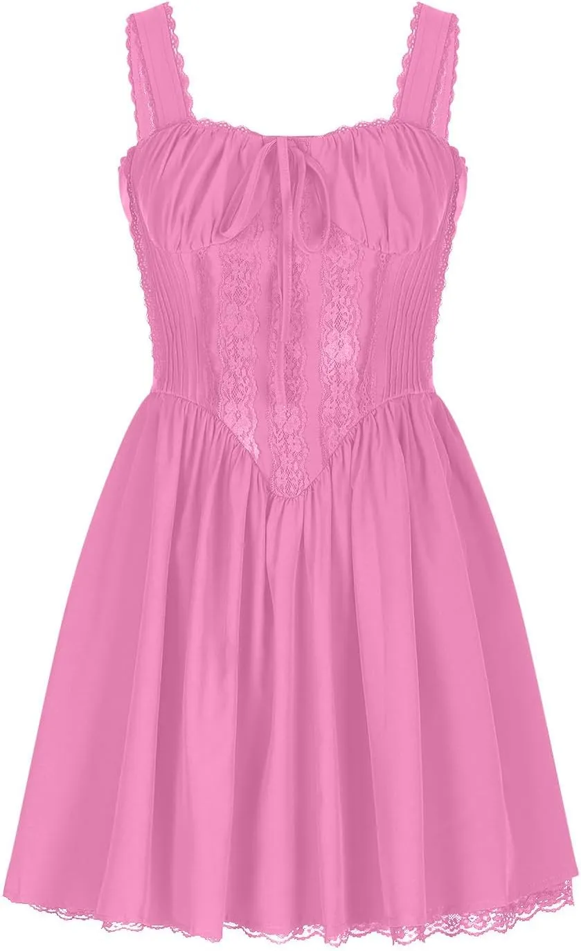 HGps8w Women's Corset Mini Dress Sexy Sleeveless Lace Trim Low Cut Backless Short Dress Ruffle Cocktail Sundress