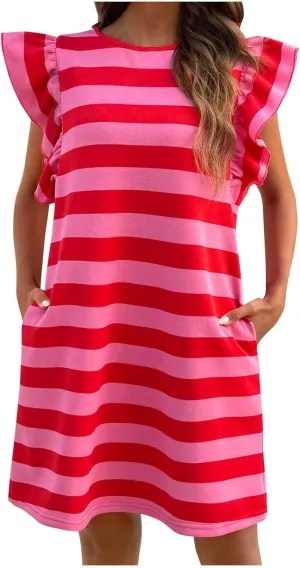 HGps8w Women's Ruffle Flutter Sleeve Mini Dress with Pockets, Casual Striped 2025 Summer Loose Crewneck A-Line Tunic Dresses