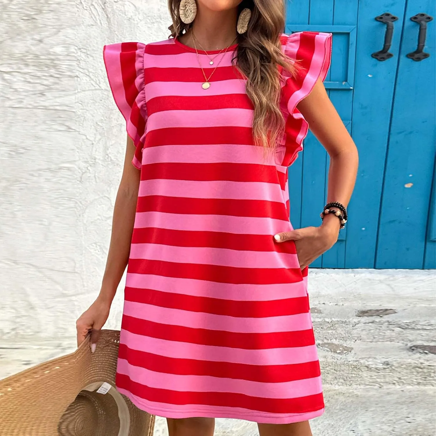 HGps8w Women's Ruffle Flutter Sleeve Mini Dress with Pockets, Casual Striped 2025 Summer Loose Crewneck A-Line Tunic Dresses