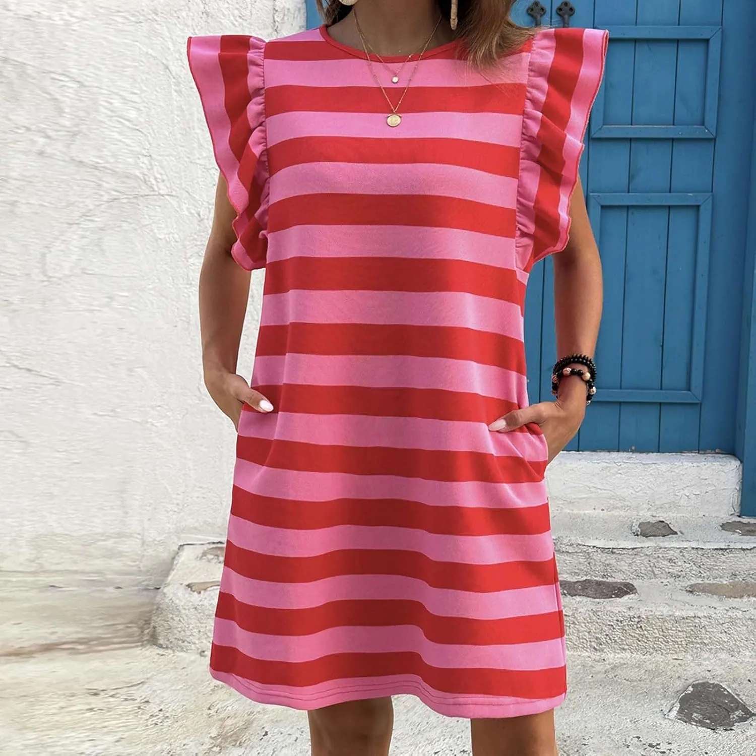 HGps8w Women's Ruffle Flutter Sleeve Mini Dress with Pockets, Casual Striped 2025 Summer Loose Crewneck A-Line Tunic Dresses