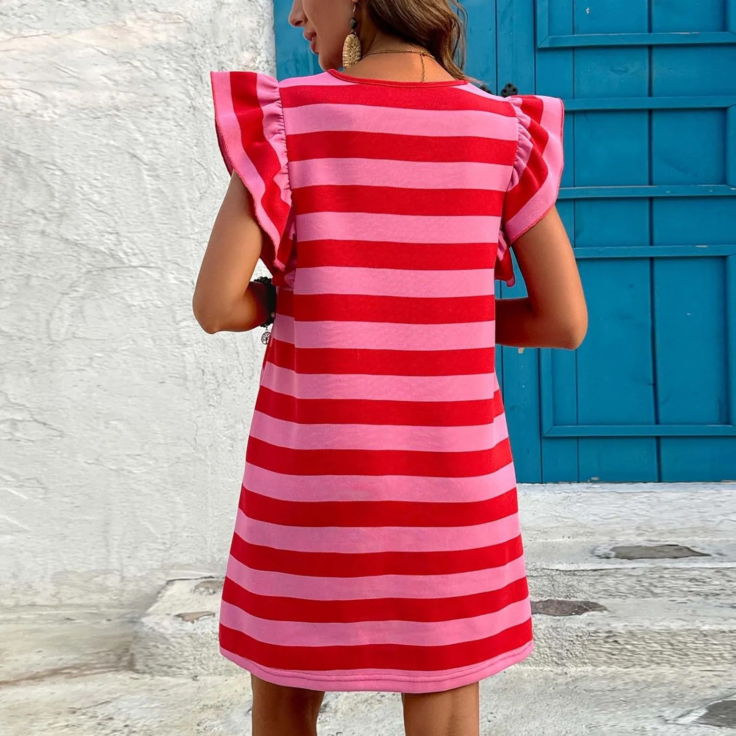 HGps8w Women's Ruffle Flutter Sleeve Mini Dress with Pockets, Casual Striped 2025 Summer Loose Crewneck A-Line Tunic Dresses