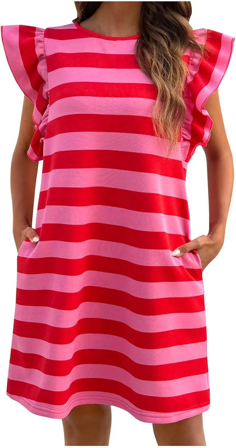 HGps8w Women's Ruffle Flutter Sleeve Mini Dress with Pockets, Casual Striped 2025 Summer Loose Crewneck A-Line Tunic Dresses