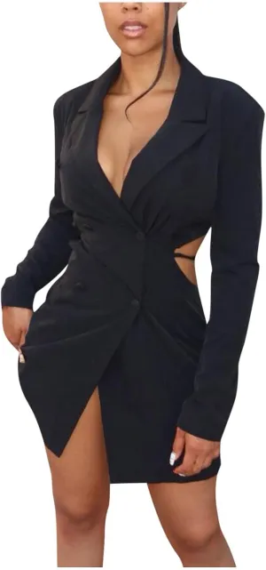 HGps8w Women's Sexy Cutout Waist Blazer Dresses, Double Breasted Long Sleeve V Neck Suit Jacket Mini Dress