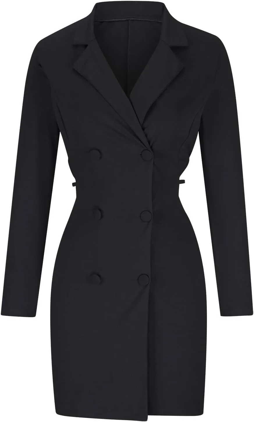 HGps8w Women's Sexy Cutout Waist Blazer Dresses, Double Breasted Long Sleeve V Neck Suit Jacket Mini Dress