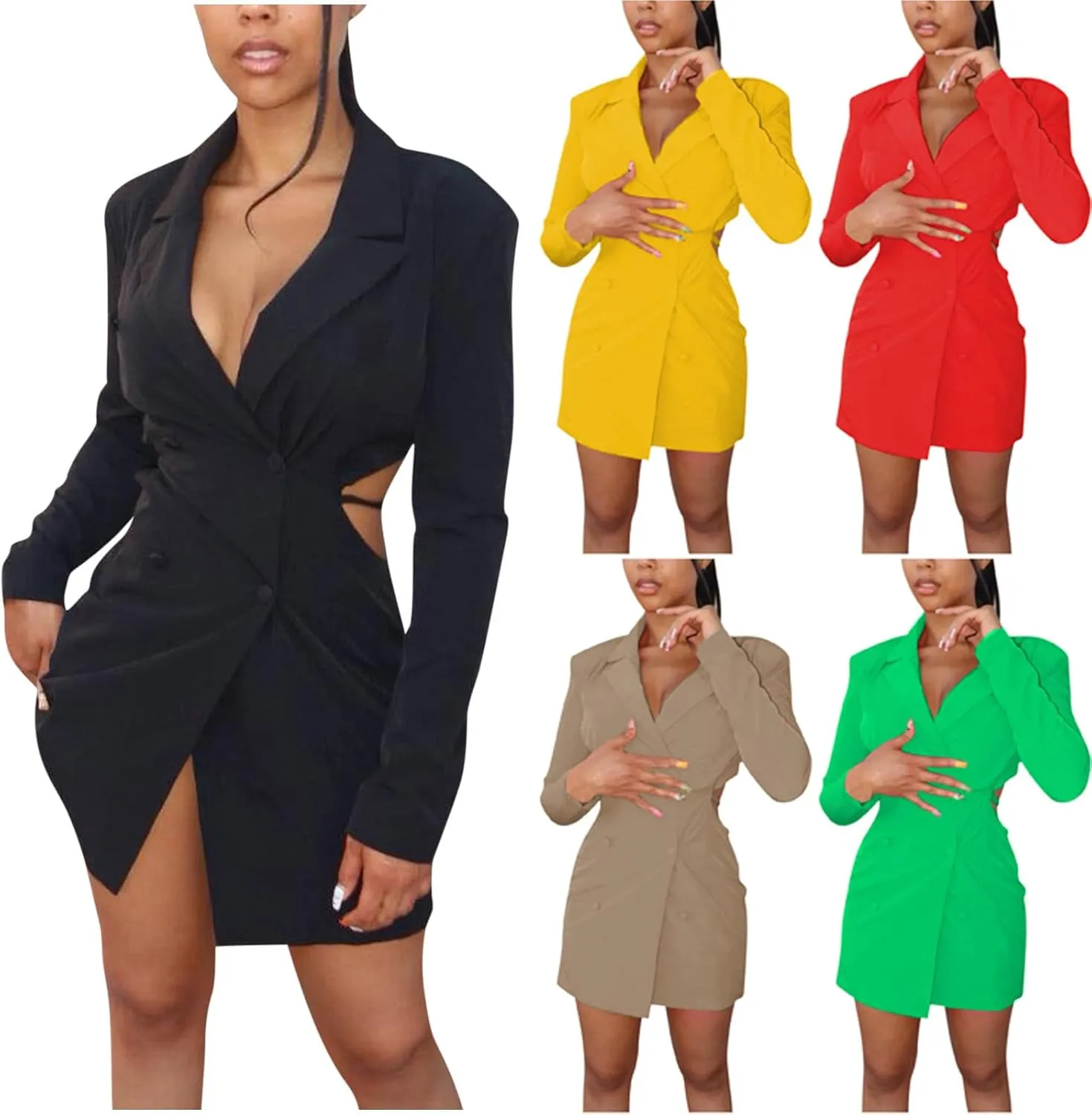HGps8w Women's Sexy Cutout Waist Blazer Dresses, Double Breasted Long Sleeve V Neck Suit Jacket Mini Dress