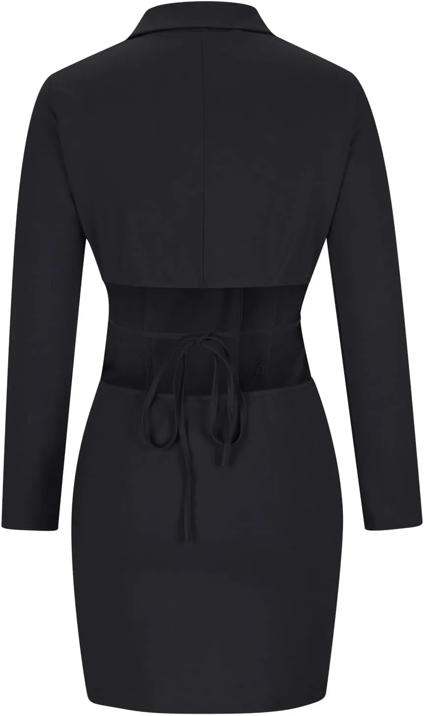 HGps8w Women's Sexy Cutout Waist Blazer Dresses, Double Breasted Long Sleeve V Neck Suit Jacket Mini Dress
