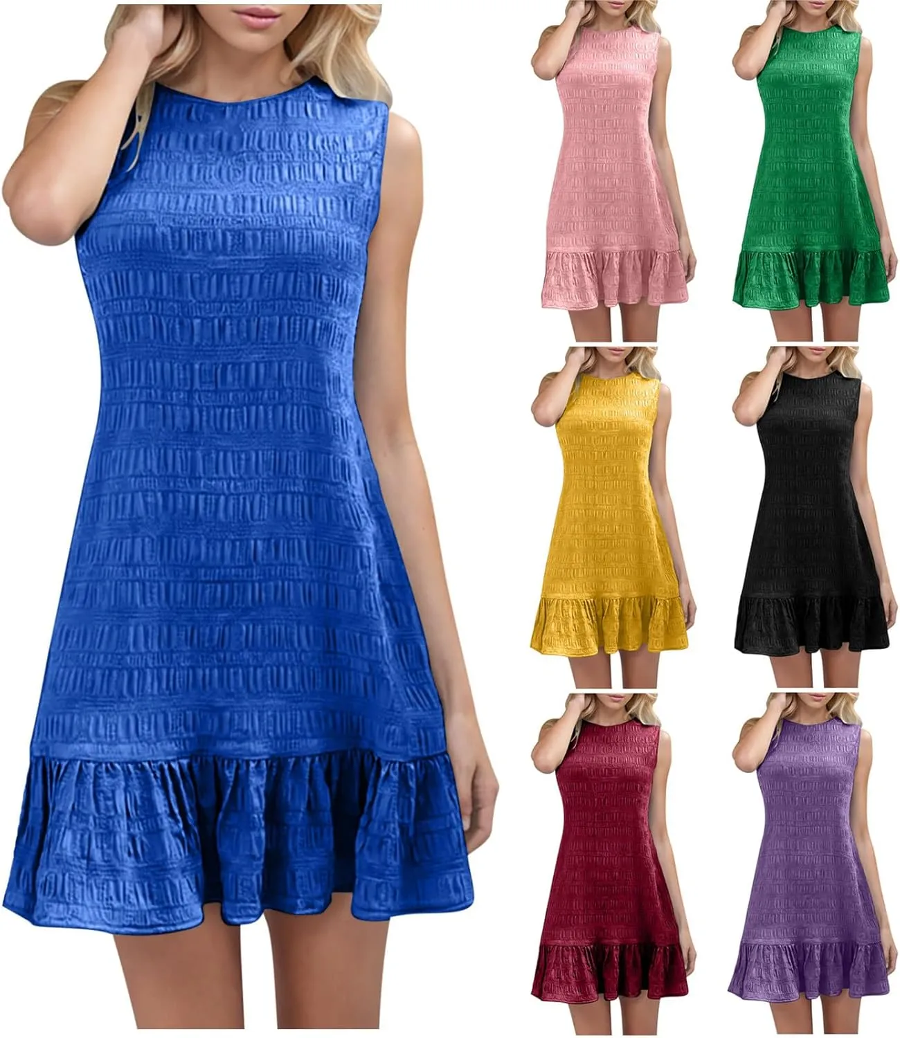 HGps8w Women's Summer Casual Jacquard Tank Dress, Ruffle Hem Elegant Sleeveless Crewneck Loose Solid Mini Beach Dresses