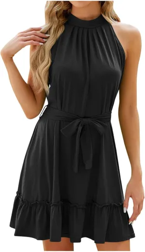 HGps8w Women's Summer Halter Neck Mini Dresses 2025 Sleeveless A-Line Tiered Ruffle Hem Casual Beach Dress with Belt