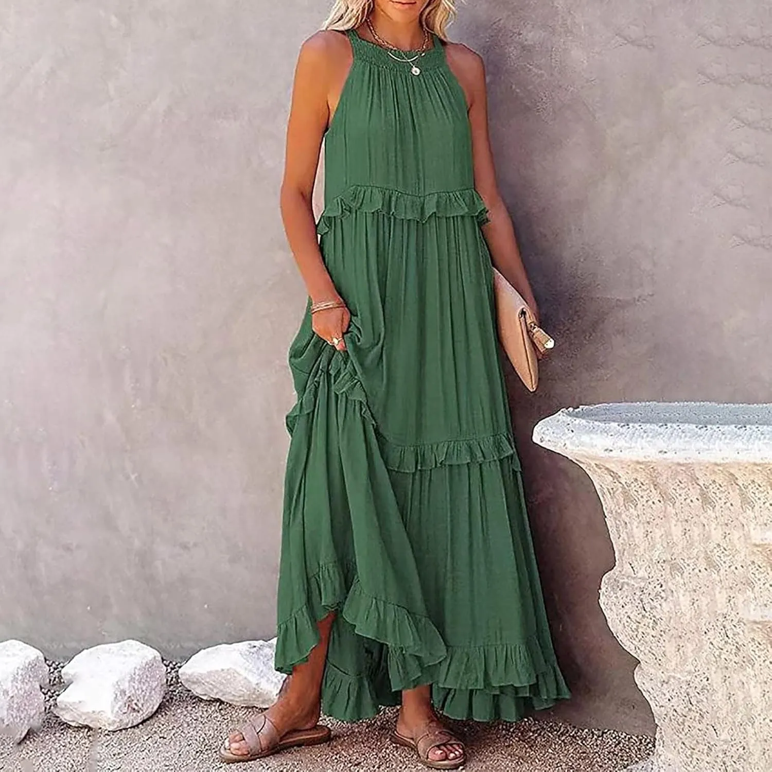 High Neck Dresses For Women Spring Ruffle Tiered Layered Pleated Sundress Sleeveless Beach Boho 2025 Maxi Dress