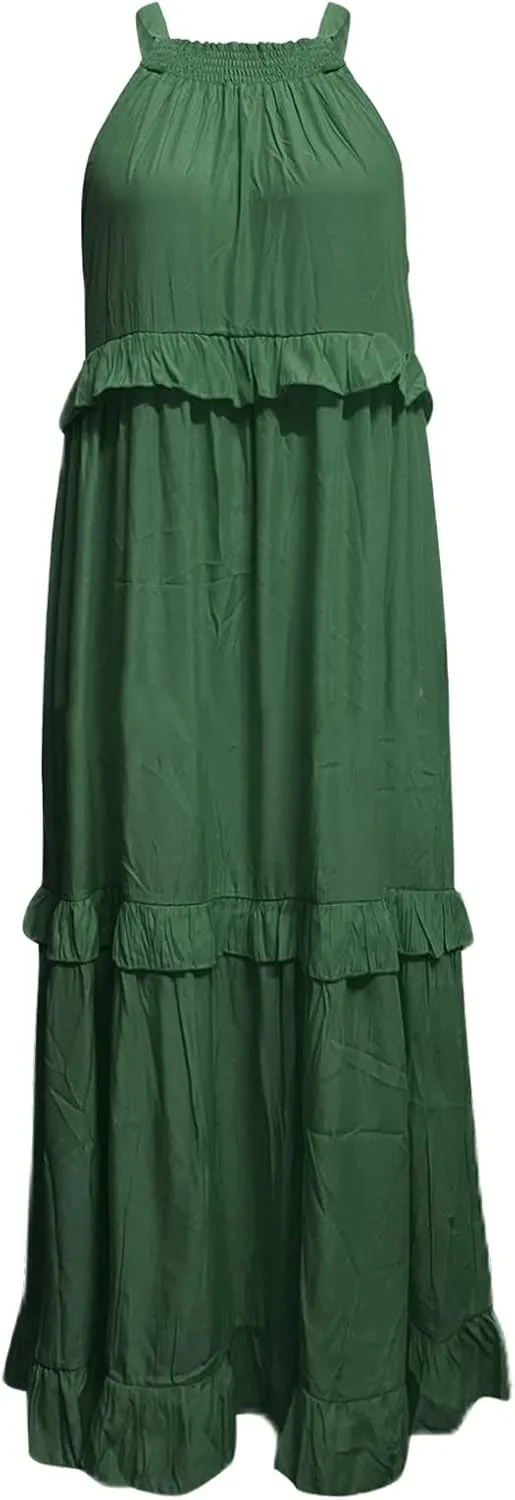 High Neck Dresses For Women Spring Ruffle Tiered Layered Pleated Sundress Sleeveless Beach Boho 2025 Maxi Dress